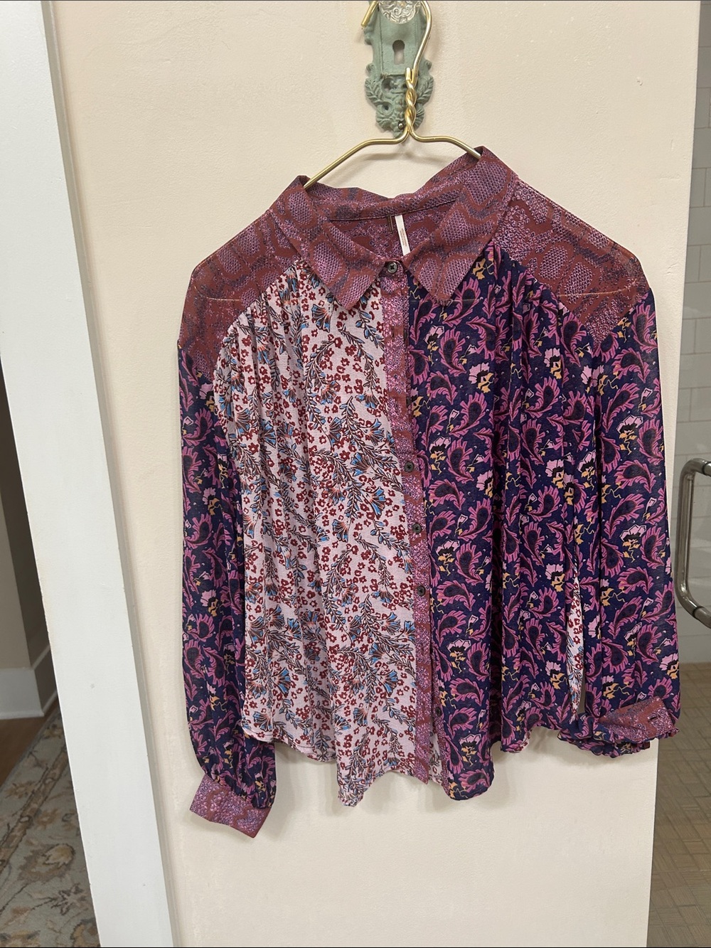 Free People Mixed Floral Patchwork Button-Front Blouse - Purple Pink
